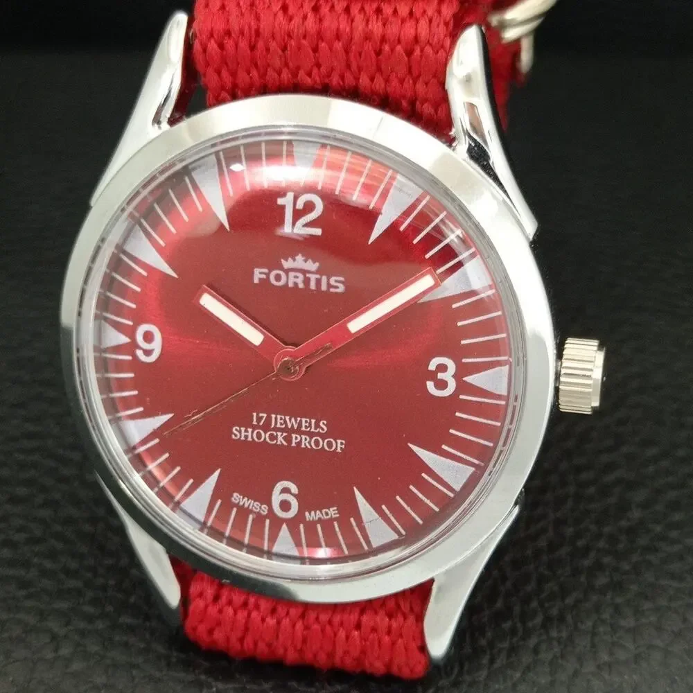 Vintage 1973 Fortis Manual Mens Silver Watch W/Nato Strap & Red accents